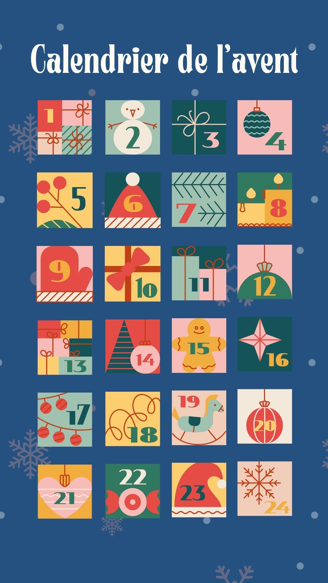 Image du calendrier de l’Avent 2025 avec 24 cases, annonçant des surprises quotidiennes disponibles sur mon compte Instagram.
