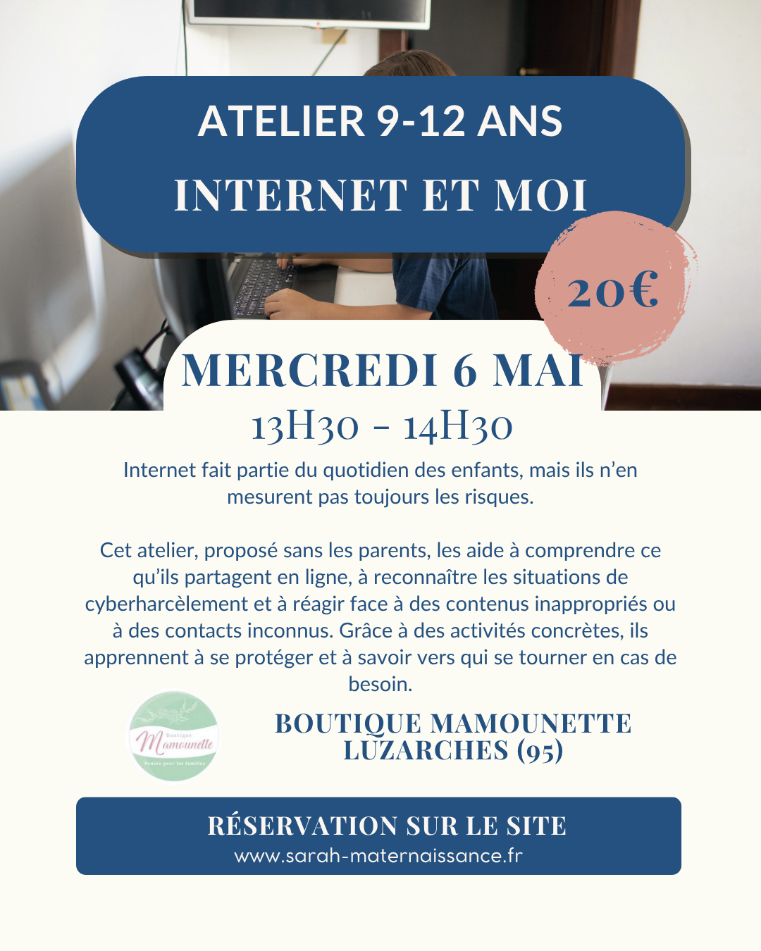 Atelier enfants 9 12 ans internet cyberharcèlement sécurité en ligne Luzarches Boutique Mamounette