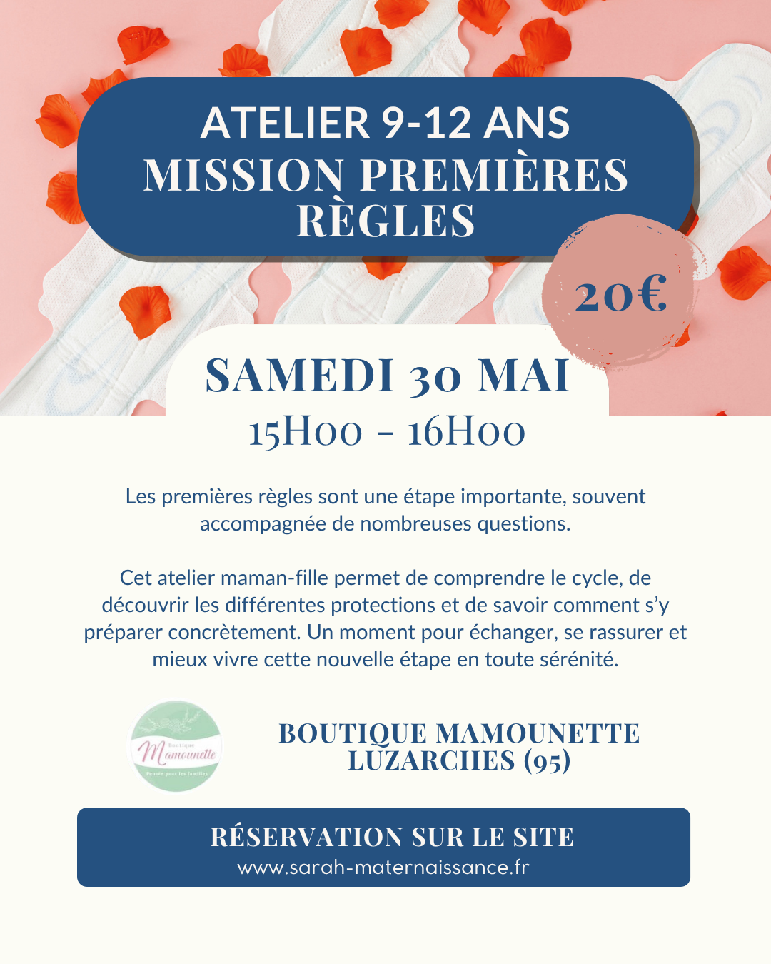 Atelier maman fille premières règles 9 12 ans cycle protections Luzarches