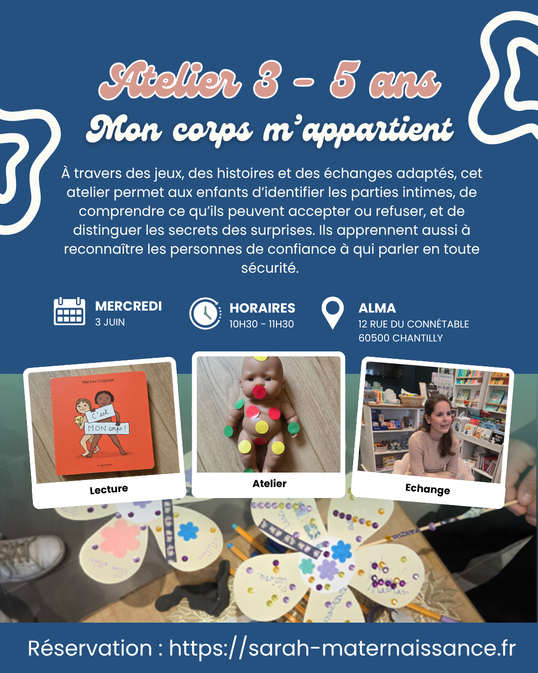 Affiche d’un atelier de prévention pour enfants de 3 à 5 ans autour du corps, du consentement, des limites corporelles, des secrets et des adultes de confiance