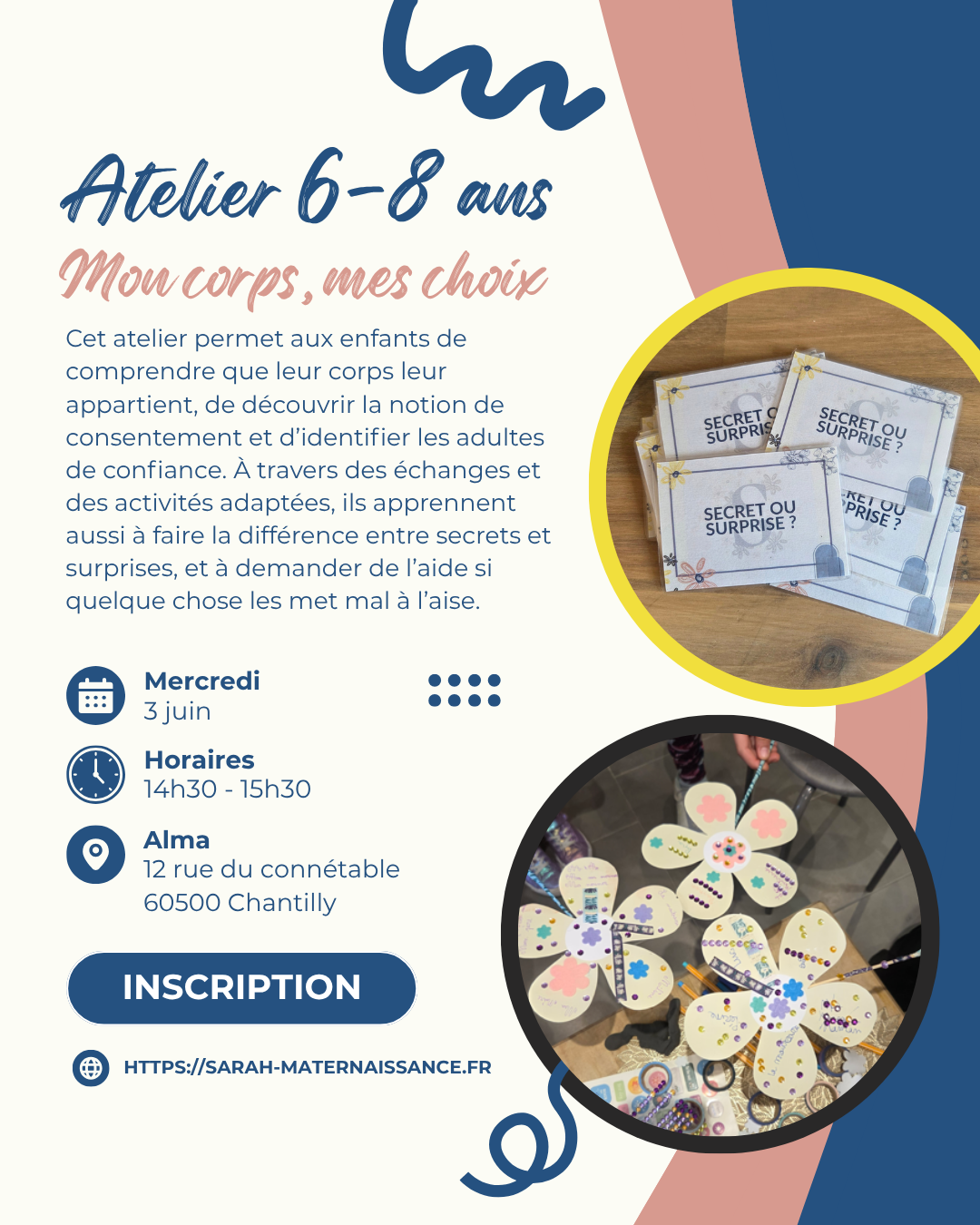 Affiche d’un atelier de prévention pour enfants de 6 à 8 ans autour du consentement, du corps, des secrets, des limites et des adultes de confiance