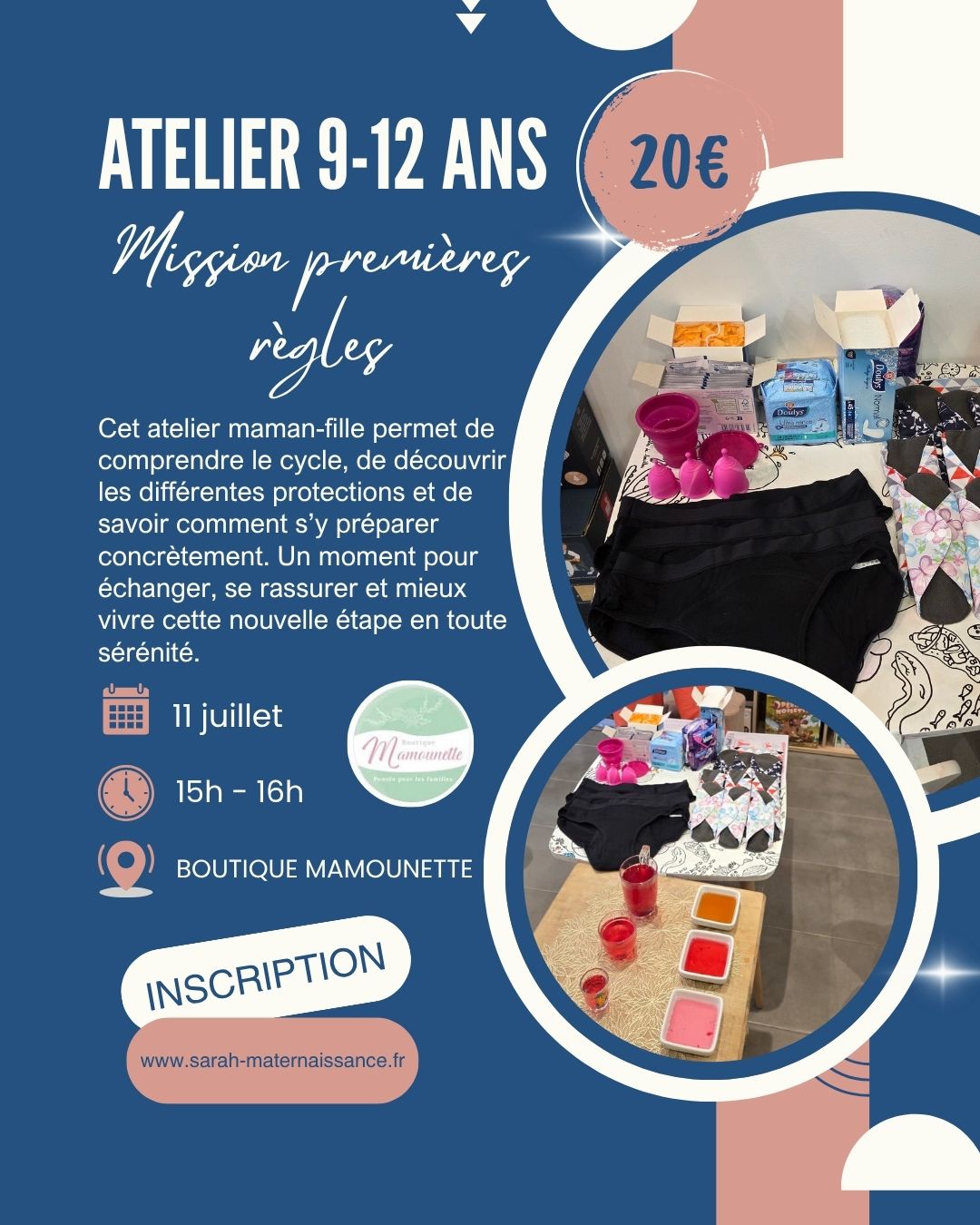 Affiche d’un atelier maman-fille pour les 9 à 12 ans intitulé « Mission premières règles ». L’atelier permet de découvrir le cycle menstruel, les protections périodiques et les conseils pratiques pour se préparer aux premières règles dans un cadre rassurant et bienveillant.