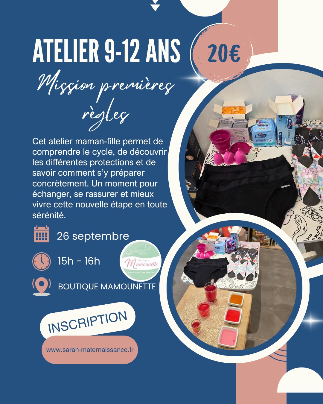 Affiche d’un atelier maman-fille pour les 9 à 12 ans intitulé « Mission premières règles ». L’atelier permet de découvrir le cycle menstruel, les protections périodiques et les conseils pratiques pour se préparer aux premières règles dans un cadre rassurant et bienveillant.